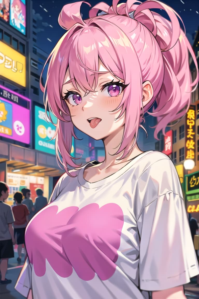  r 18, , middle , pink haired ,ponytail,large eyes,t shirts, , tongue,,dim, night ,love hotel