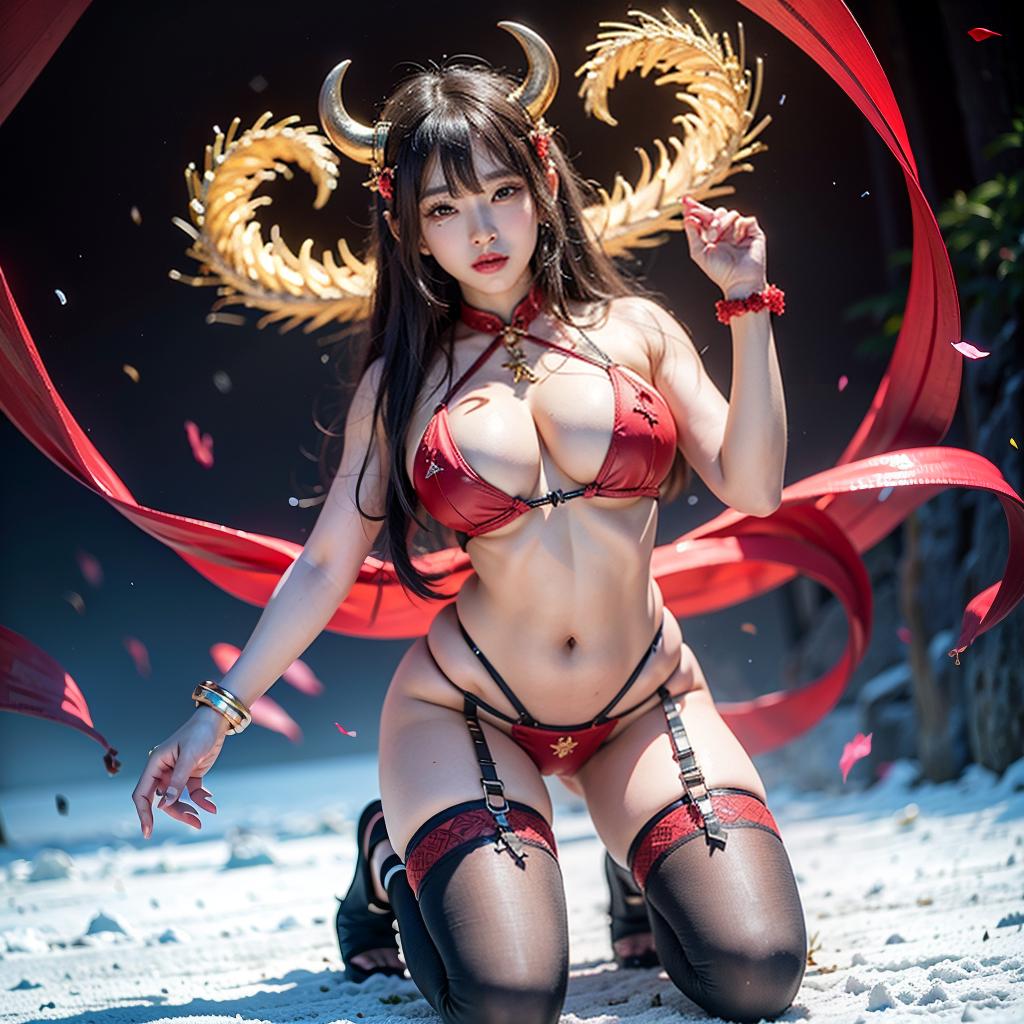  masterpiece, best quality, a female demon with red horns all over her body, full body, horror, 1 , solo, korean idol face, , beauty face, vulva, huge , huge ,