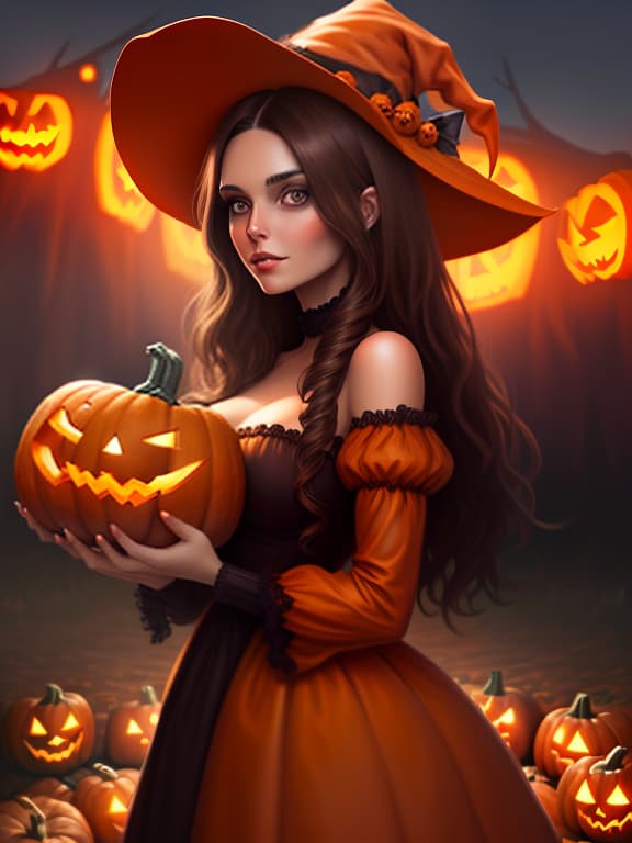  beautiful brunette in the form of pumpkin for halloween, autumn atmosphere, holiday, digital painting