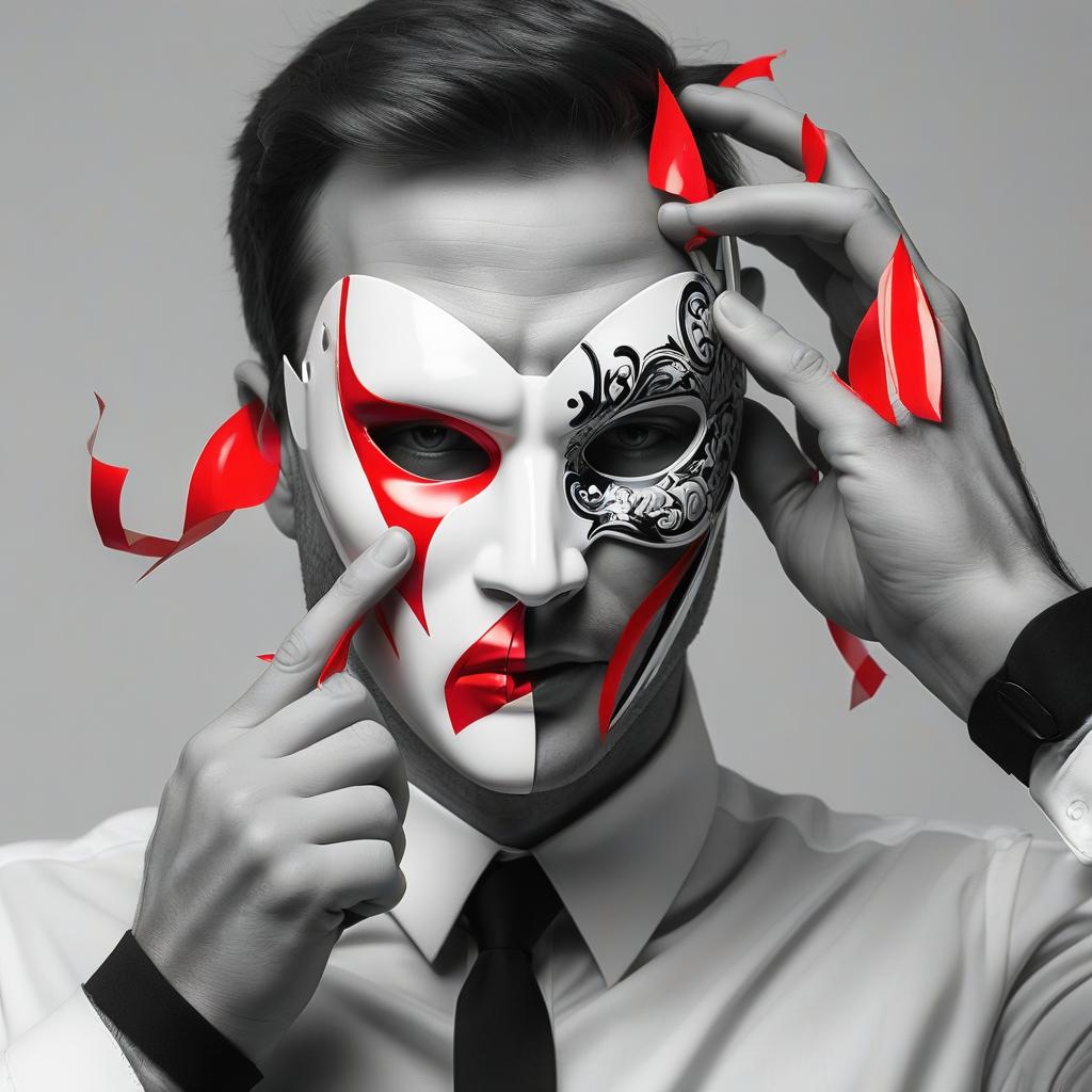  man guy removes mask, black and white image with red elements, high quality