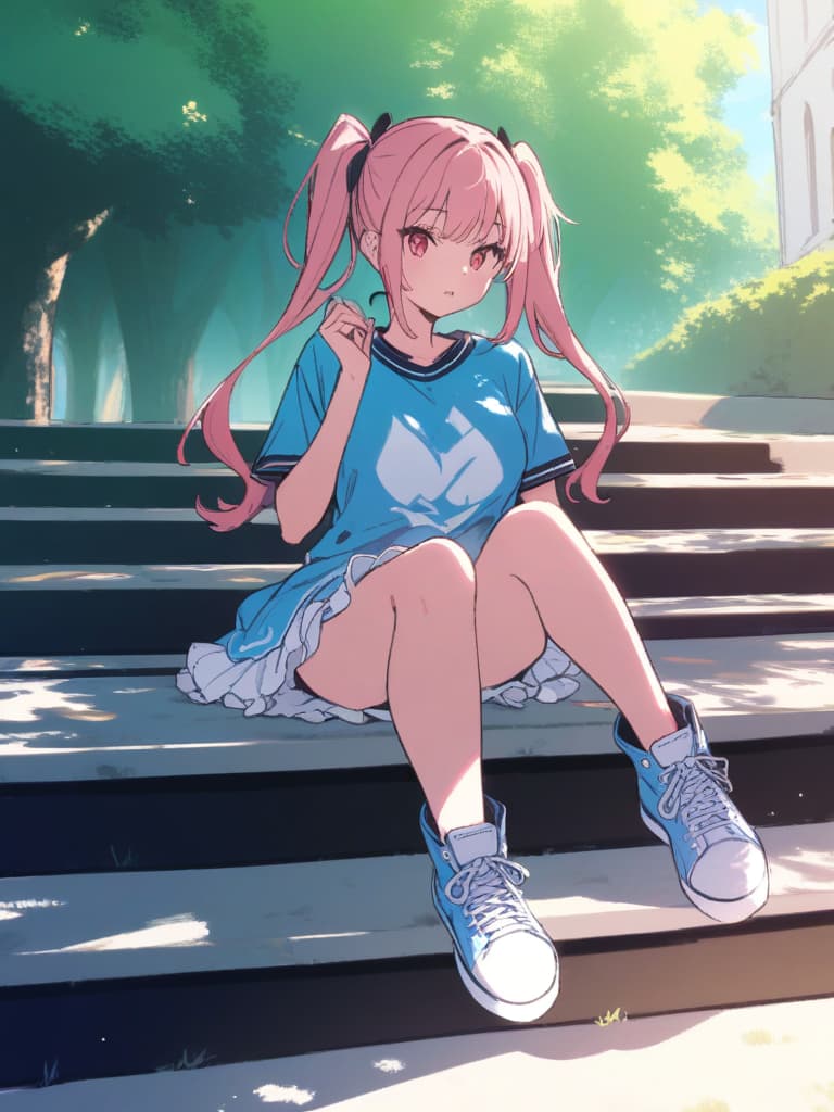  {(light blue:1.5)(sports jersey texture:1.5)(fugly dress:1.5)(lace petticoat:1.5)}{loose leg warmers:1.7}(beautiful girl:1.5)(pink hair color:1.5)(twin tail:1.5){tenshikaiwai fashion:1.7}(sitting on the stairs in the park)masterpiece,high quality,8k,super analysis