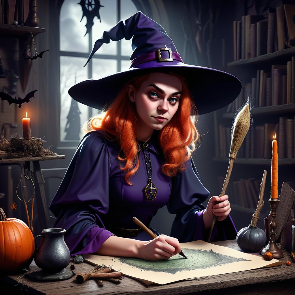  young witch at work graphic drawing