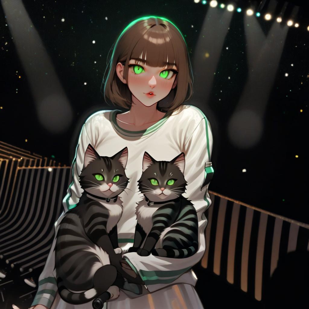  girl with dark green eyes, two furry striped cats, space, spotlights, view from the stage, microphone, music, royal grace