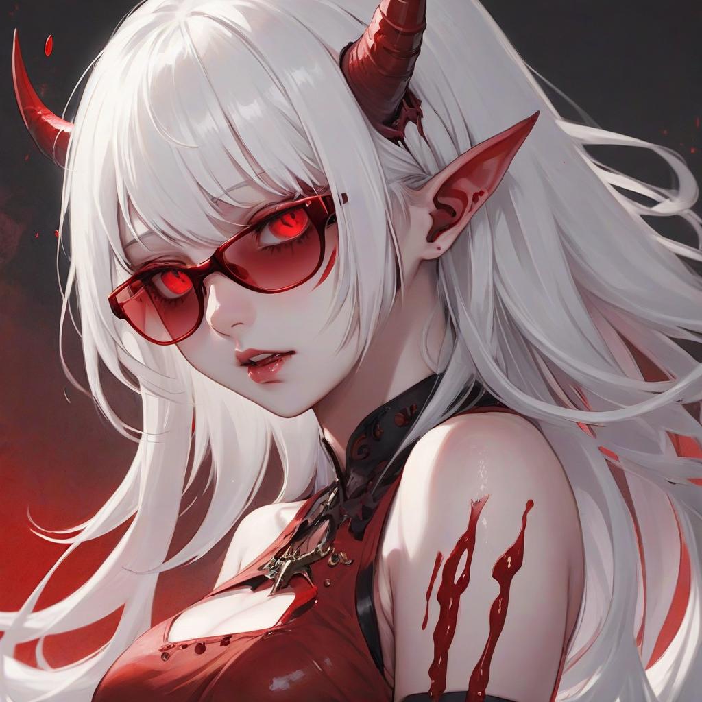  demon girl, white hair, asian, red shades, only face, blood on the face