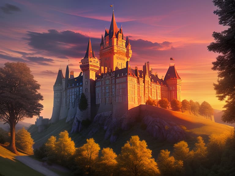  magnificent majestic royal castle on a hill at sunset on a summer day, realistic photo