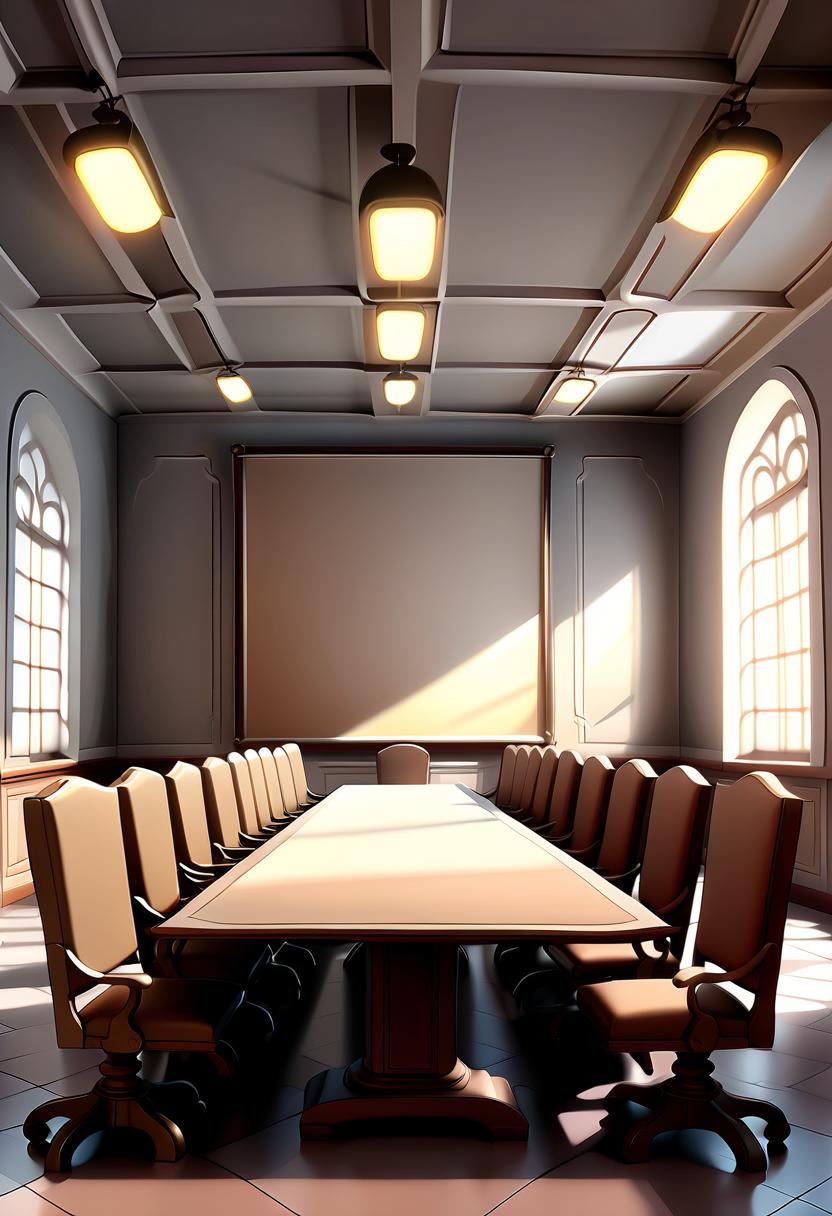  renaissance style a meeting room with empty seats, gray flags on walls (cel shading, vintage anime:1.25) . realistic, perspective, light and shadow, religious or mythological themes, highly detailed