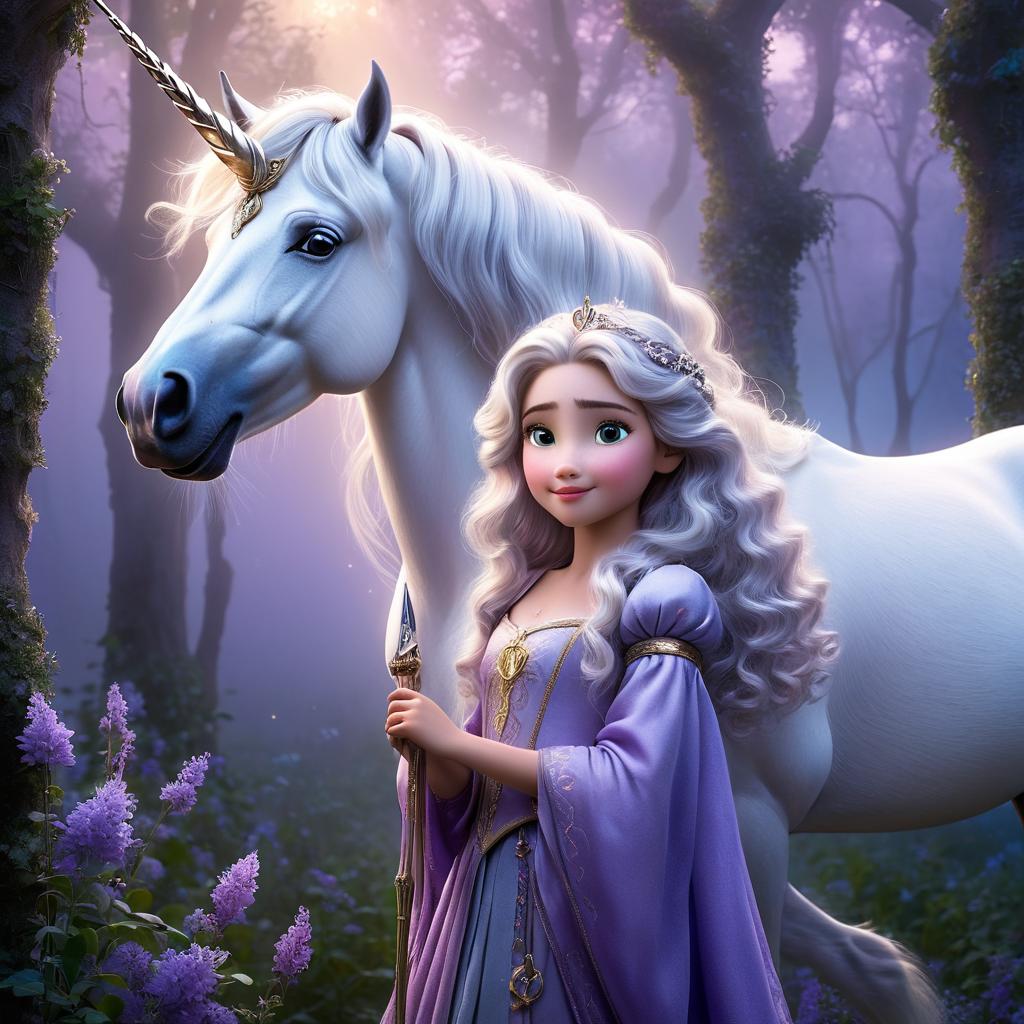  in 3d animated movie style. disney pixar style. {"subject description":"grace, a charming, inquisitive old with long curly hair, stands with luna, her mystical silver unicorn companion, who radiates grace and magic with a gleaming horn. grace gazes at luna with wonder and admiration, conveying a deep bond between them.","environment description":"enveloped in a misty forest shrouded in twilight fog, a soft ethereal glow es the scene, creating a mysterious and enchanting ambiance.","art style":"detailed and enchanting fantasy ilration style, reminiscent of medieval tapestries, capturing the magical connection between grace and luna.","color and light":"muted tones of lavender and silver dominate the color scheme, with a 