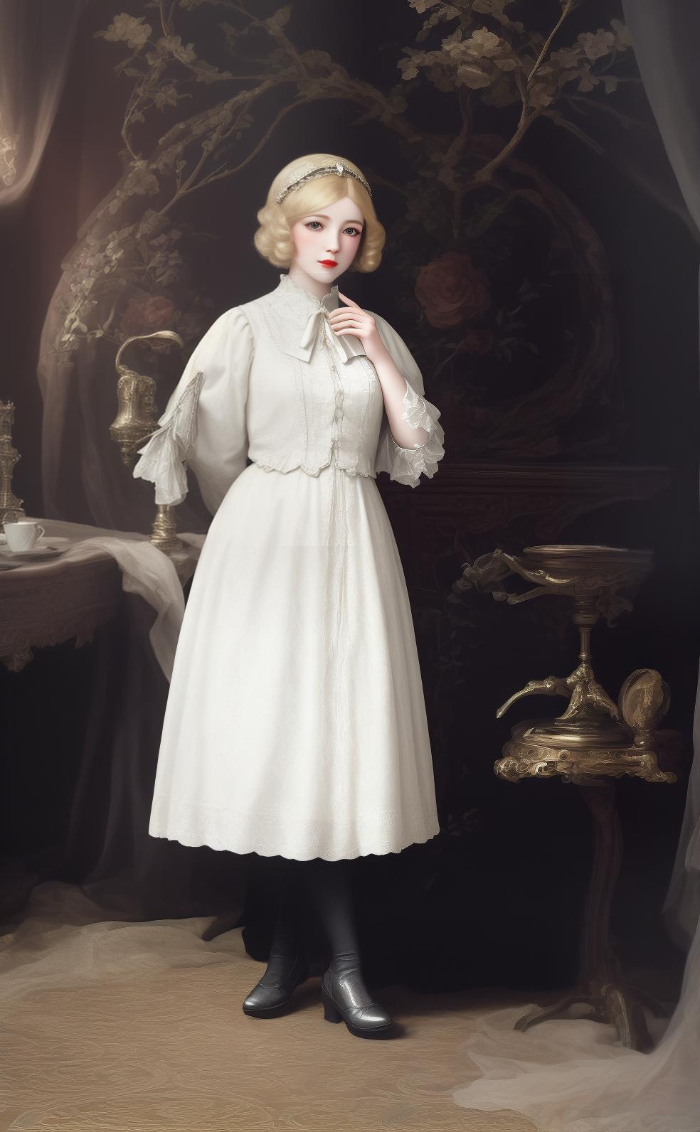  masterpiece, best quality, (masterpiece, best quality, high quality, highres, ultra detailed), realistic,1 a 25y.o woman with blond hair and white dress from the 1920's, studio lightning.