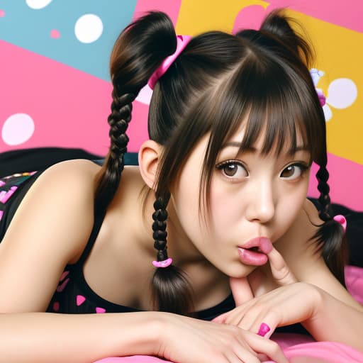  (--Style Photoralism) woman laying in with her crossed and her hand on her mouth, , suki, ing out, pigtail, , bun, pigtails, tight bun, colorful pigtail, v, hot , open, short horns, hello kitty, inviting, cd, with black pigtails, wide open mouth, lips