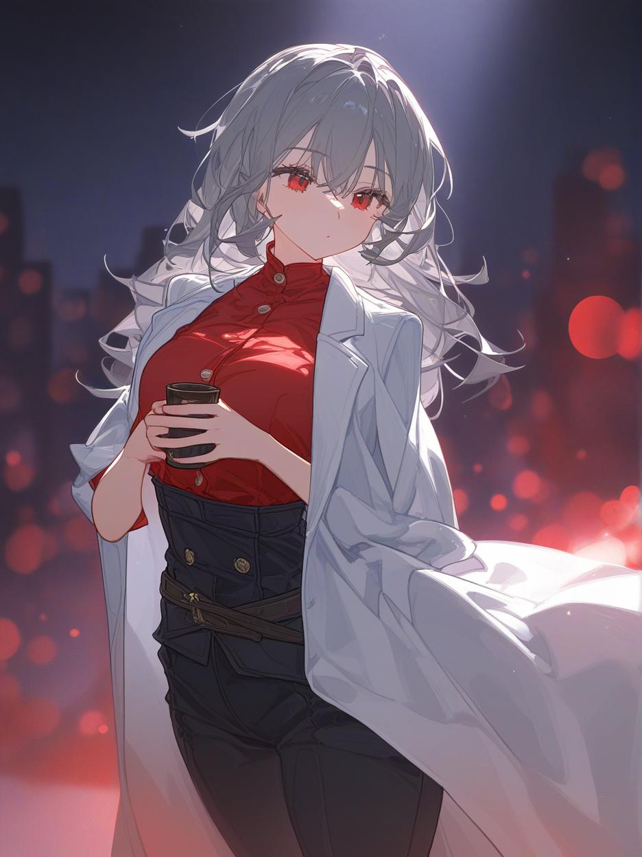  a strong woman, silver long hair, covering her face. she has deep, beautiful red eyes that are very prominent, white eyelashes that are very prominent in the eyes. she wears dark dress pants. a red shirt with buttons on the front seam, two thin belts under the bust. a light gray lab coat on the shoulders. a very strong and slender body, his strong abdomen shows in the red shirt. the background is a futuristic area where people practice combat in the background. she has a cup of coffee in her hands. well highlighted eyes with white eyelashes details, 8k. . best quality, high resolution