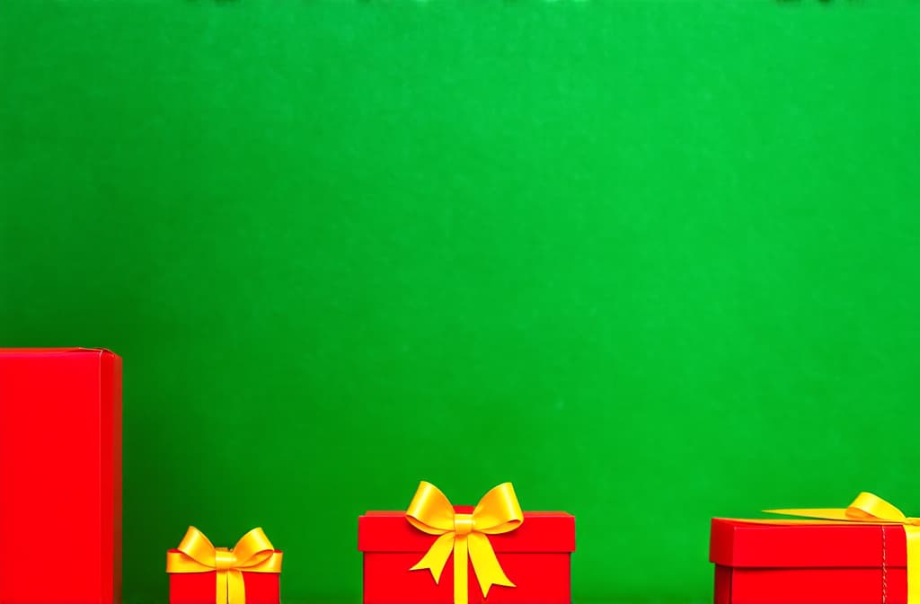  professional detailed photography, on a green background, at the bottom, there are three festive boxes with bright red and yellow bows, one box is slightly open ar 3:2, (muted colors, dim colors, soothing tones), (vsco:0.3)