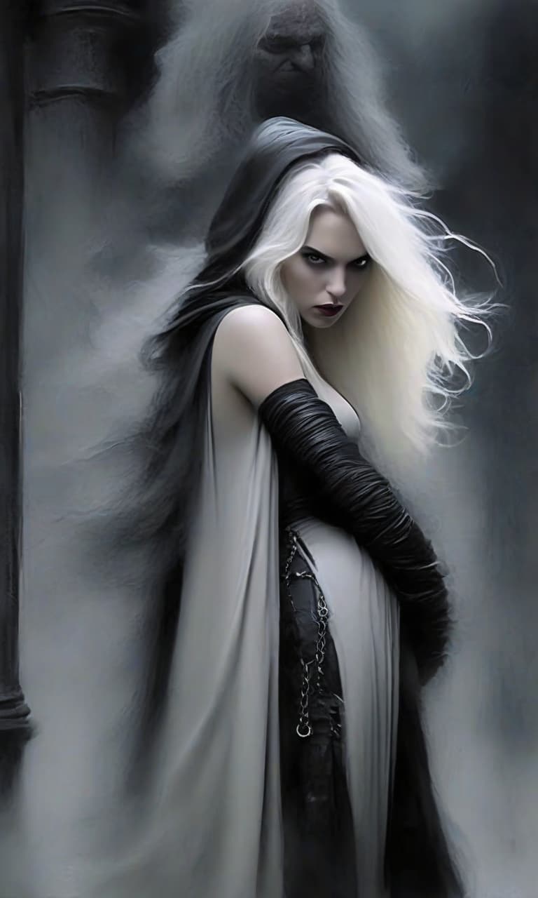  macabre style scarlett johansson as a wizard fighter with white long straight hair with black tips. in long leather white skirts and a chain skirt in full height. in a dark room with gray columns. . dark, gothic, grim, haunting, highly detailed, perfecteyes, perfect hands