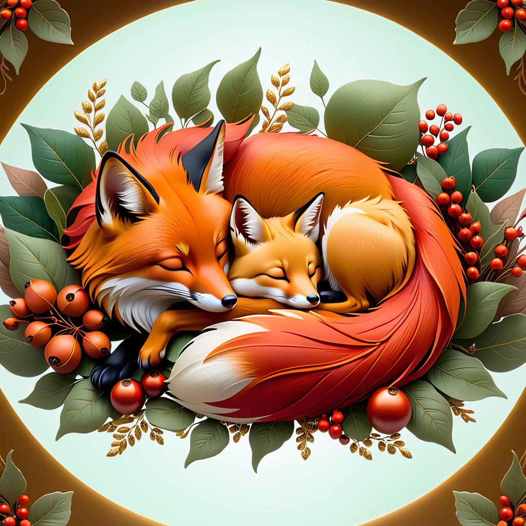  dreamscape (frame):gold round frame decorated with fancy oak leaves and rowan berries. (picture). animalism in fantasy style: little fox sleeping in the arms of big mum fox. appearance of a fox:sweetly sleeping curled up in a ball. (colours):orange, red, white, beige, gold, all shades of green, brown, brown gold. (style):animalism, fantasy, fairy tale, tenderness, kindness, calmness, cartoon . surreal, ethereal, dreamy, mysterious, fantasy, highly detailed, civitai, hkmagic hyperrealistic, full body, detailed clothing, highly detailed, cinematic lighting, stunningly beautiful, intricate, sharp focus, f/1. 8, 85mm, (centered image composition), (professionally color graded), ((bright soft diffused light)), volumetric fog, trending on instagram, trending on tumblr, HDR 4K, 8K