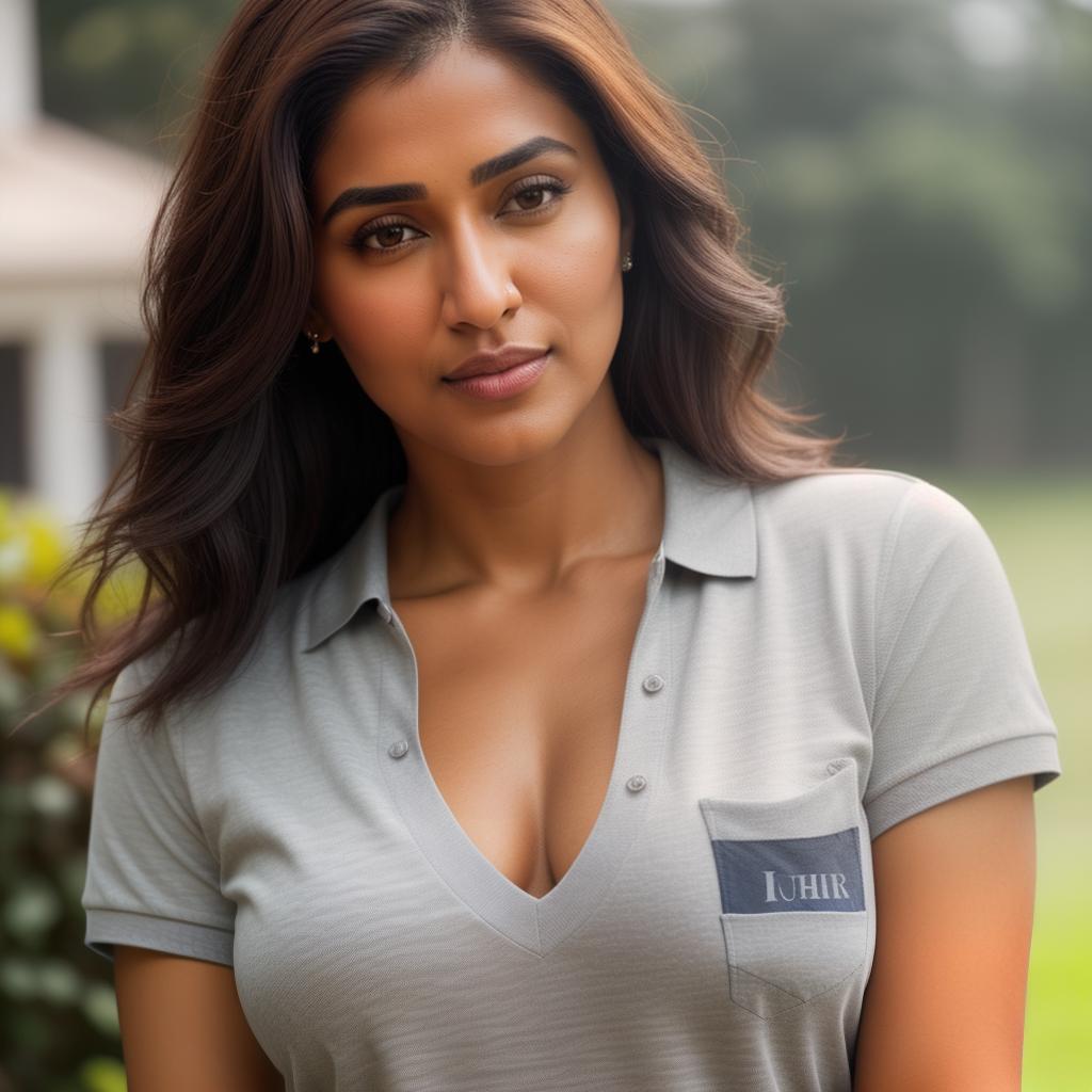  (((realistic full torso frontal head shot of a light brown to medium brown skin tone woman))), isha usha soni, ((indian heritage)), immature face, hazel eye color, ((short hair style)), (( hair color)), (( body type)), small size, small size, (immature small upturned nose), (immature prominent cheekbones), (immature smooth jawline), (immature full lips), (immature medium forehead), (immature even eyebrows), (immature rounded chin), standing straight looking directly into the camera,((wearing fitted polo shirt with deep v neck and monogrammed pocket)), backyard in background, 1girl, best quality, highest quality, award winning photo, masterpiece, raw, professional photography, photorealism, sharp focus, cinemat hyperrealistic, full body, detailed clothing, highly detailed, cinematic lighting, stunningly beautiful, intricate, sharp focus, f/1. 8, 85mm, (centered image composition), (professionally color graded), ((bright soft diffused light)), volumetric fog, trending on instagram, trending on tumblr, HDR 4K, 8K