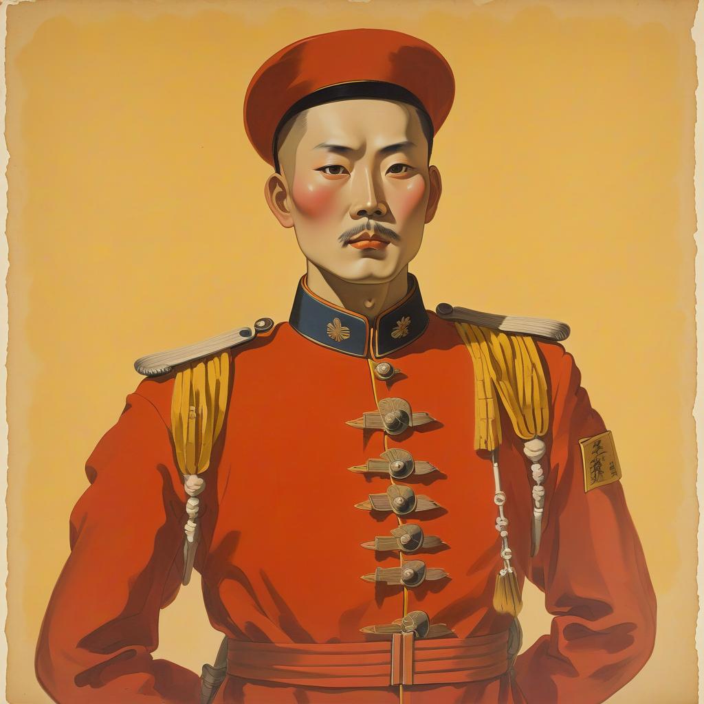  soldier in scarlet uniform painted on yellowed paper in the style of chinese gouache