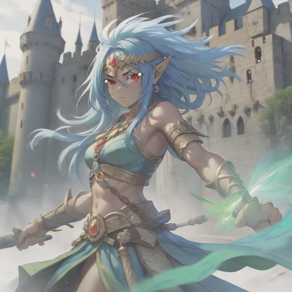  long exposure photo of portrait of strong rage amazonas warrior. red eye. long blue hair. tilting head down, lightgreen mantle, shoulder pad feather, accessory necklace with pearls on the forehead, against the background of the castle siege . blurred motion, streaks of light, surreal, dreamy, ghosting effect, highly detailed, sticker, hkmagic