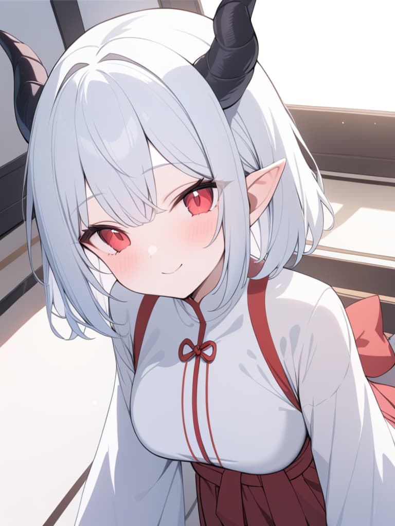  there are horns, girls, sharp ears, hakama, hits, short hair, white hair, dragon's daughter, red and white hakama, red eyes, cute, smiles, cheerful, black horns, masterpiece, best quality,8k,ultra detailed,high resolution,an extremely delicate and beautiful,hyper detail