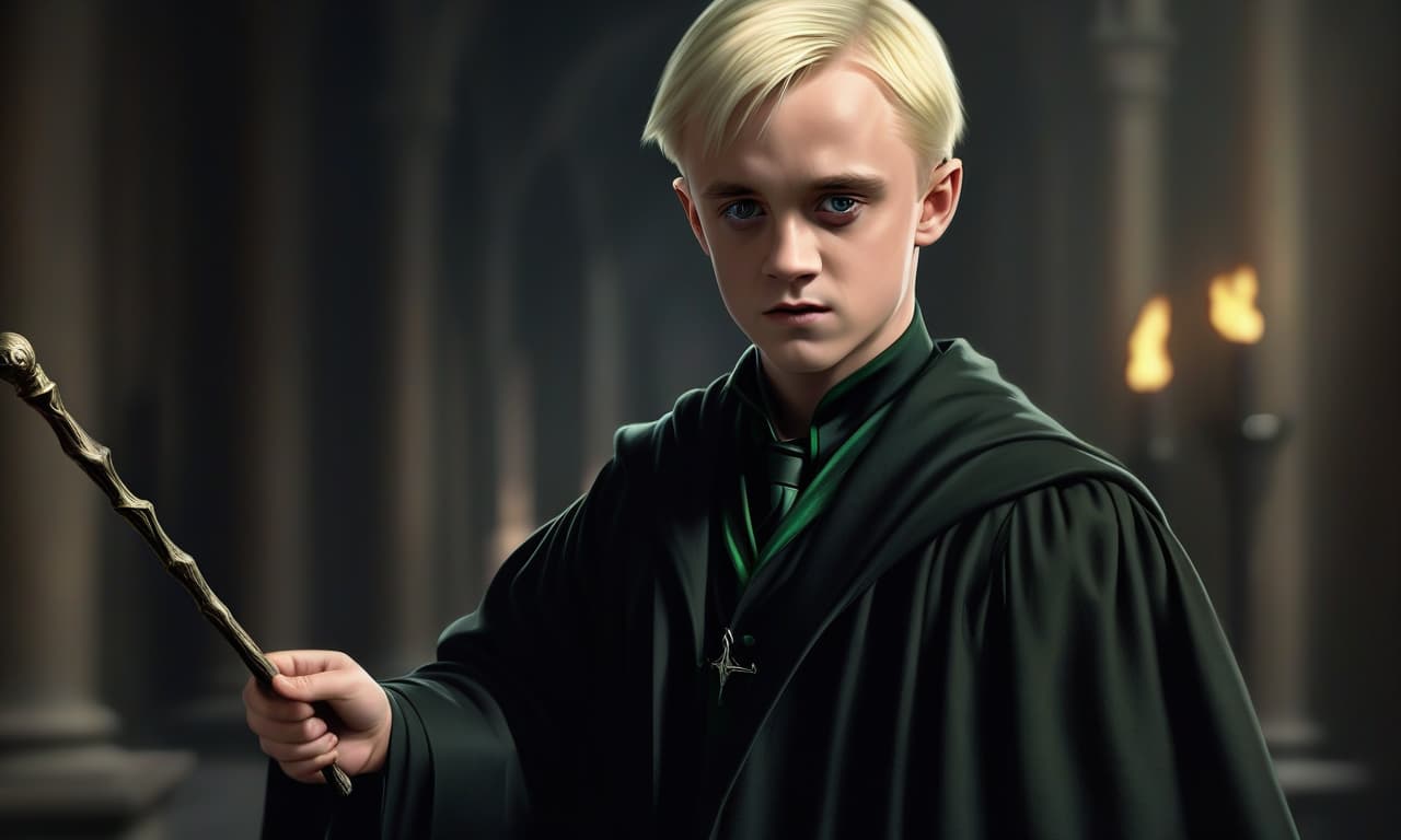  concept art draco malfoy hogwarts, young aristocrat, black magic robe, magic wand . digital artwork, illustrative, painterly, matte painting, highly detailed