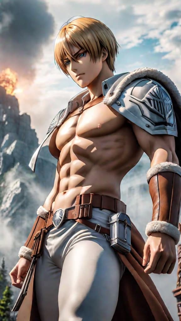  armin arlert from attack on titan, standing resolute with a background of colossal titans, showcasing his strategic brilliance, anime art hyperrealistic, full body, detailed clothing, highly detailed, cinematic lighting, stunningly beautiful, intricate, sharp focus, f/1. 8, 85mm, (centered image composition), (professionally color graded), ((bright soft diffused light)), volumetric fog, trending on instagram, trending on tumblr, HDR 4K, 8K