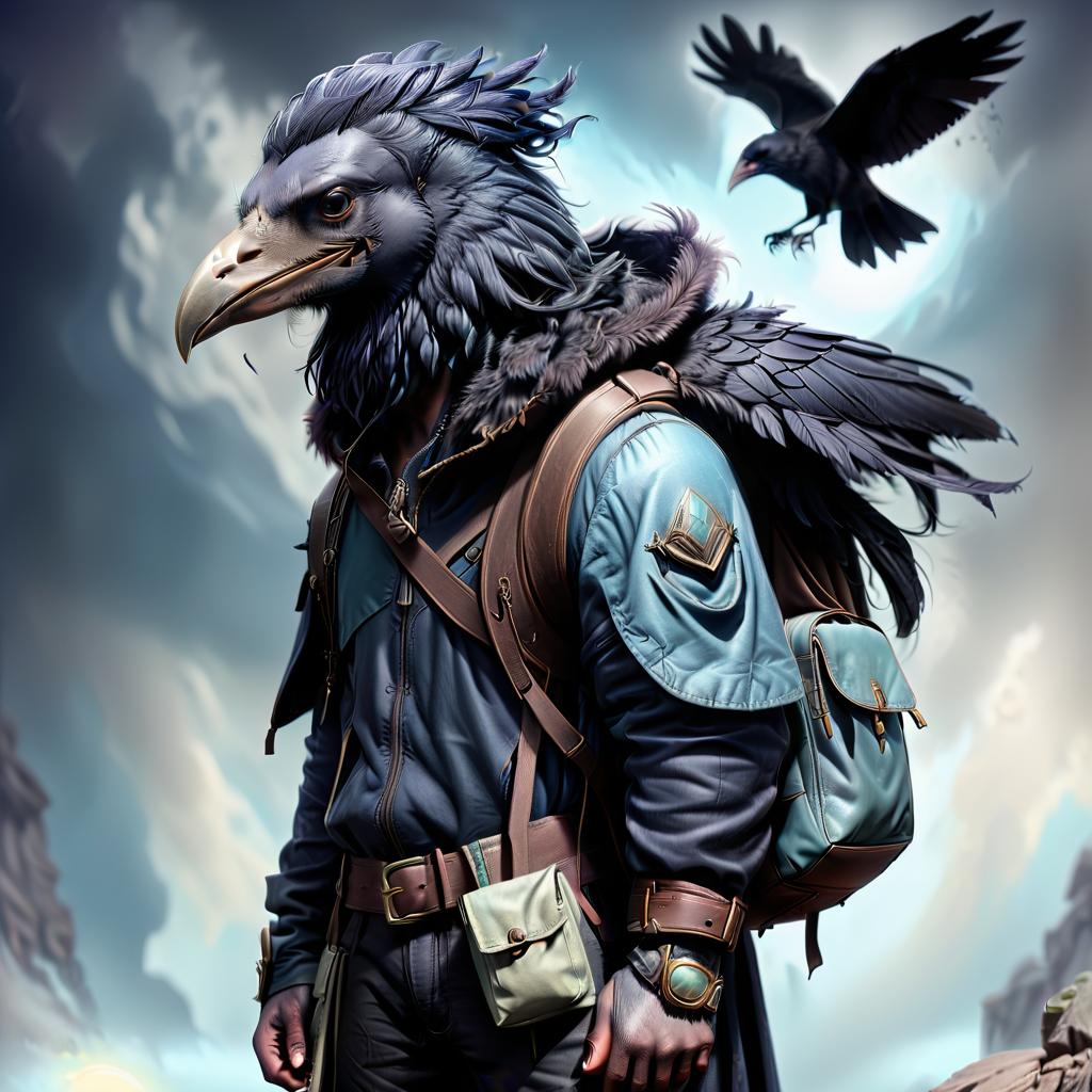  ethereal fantasy concept art of black with blue tint humanoid with raven head alchemist, rags and leather cloak with lots of pockets, ((big backpack with pockets)), bomb in hand . magnificent, celestial, ethereal, painterly, epic, majestic, magical, fantasy art, cover art, dreamy, civitai