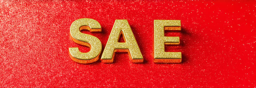  professional detailed photography, christmas sale letters in gold letters on a red background with glitter, right space for text, new year sale concept ar 3:1, (muted colors, dim colors, soothing tones), (vsco:0.3)