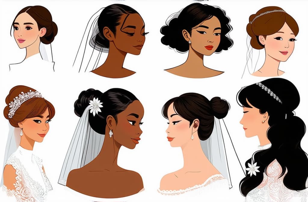  flat illustration, flaticon, (illustration:1.15), different beauty. set of different female heads in wedding veil. different races and nationalities. colored hand drawn illustration ar 3:2, [cory loftis, strobist, pascal campion :: 0.2]