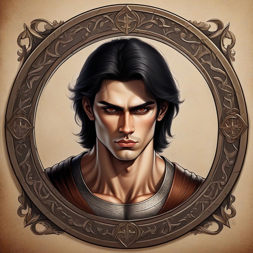  draw a guy with black hair long under a frame 19 years brown eyes light skin muscular in the middle ages style of drawing the face of an ordinary slavic chin round a kinder look