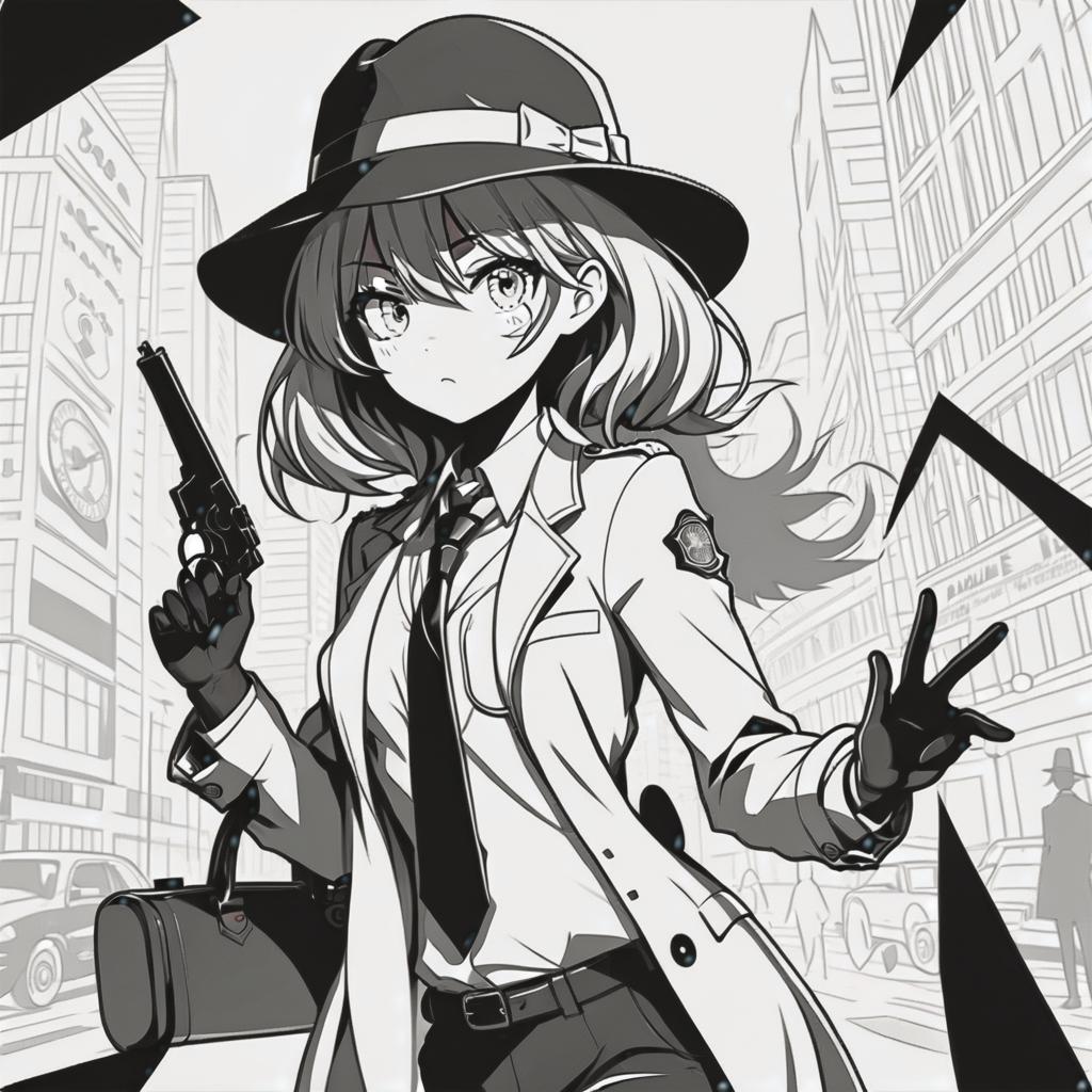  line art drawing detective girl, same nightmare. anime style . professional, sleek, modern, minimalist, graphic, line art, vector graphics