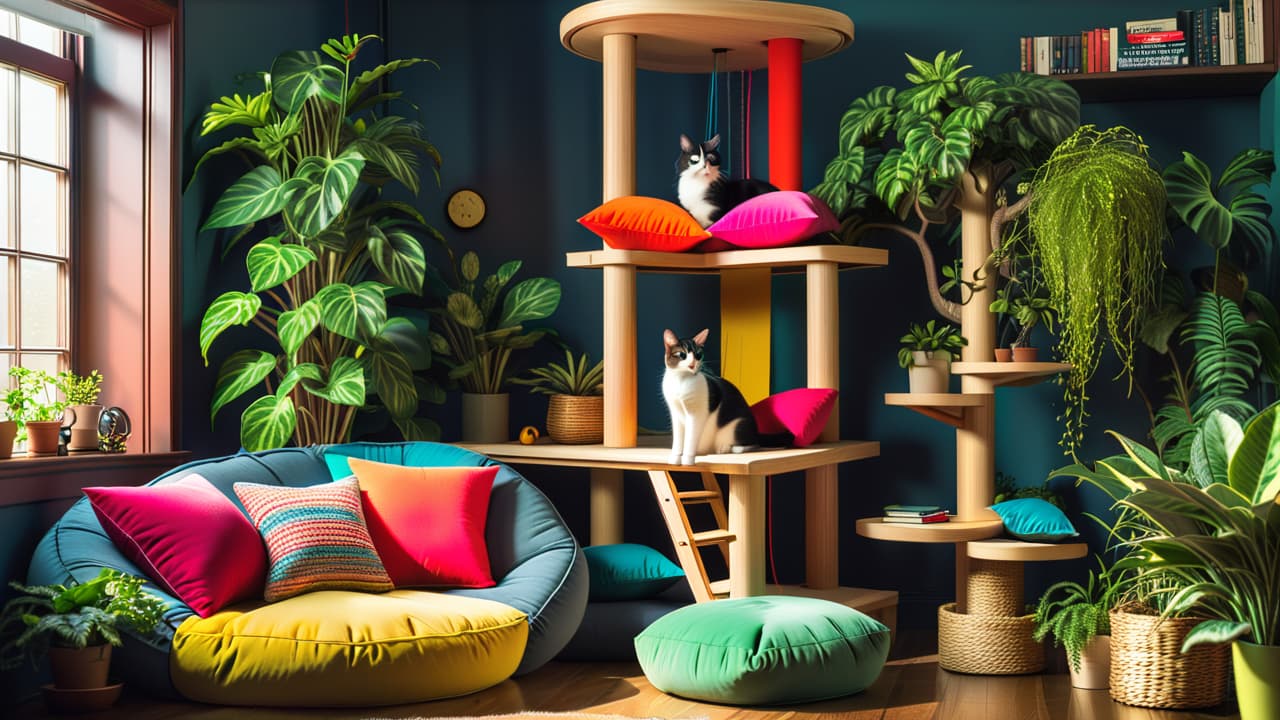  a warm, sunlit corner filled with a multi level cat tree made of natural wood, soft fabric, and colorful cushions, surrounded by potted plants, playful toys, and a content cat lounging comfortably. hyperrealistic, full body, detailed clothing, highly detailed, cinematic lighting, stunningly beautiful, intricate, sharp focus, f/1. 8, 85mm, (centered image composition), (professionally color graded), ((bright soft diffused light)), volumetric fog, trending on instagram, trending on tumblr, HDR 4K, 8K