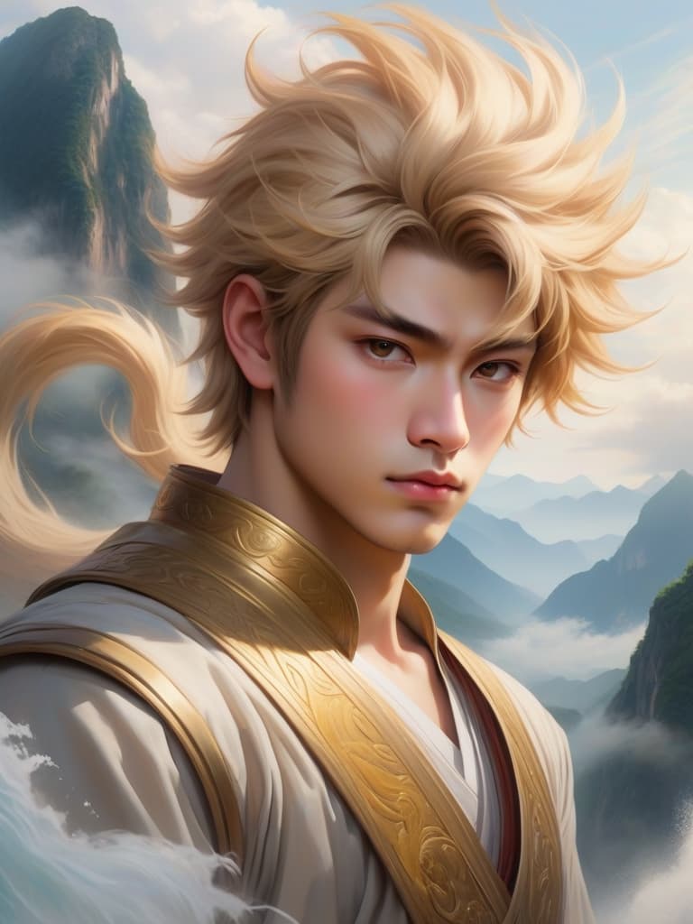  watercolor painting,instaport style, portrait of sun wukong, soft blonde hair, monkey face, single, male master, with a semi transparent gold bar, with a simple cloth, with a dark background of clouds and mountains, water colour effects, dream colour evolution, writing style, close up lenses, light mysterious atmosphere。 [multi color watercolors with a white background], haze, film photography, light ethereal leaks, sharp focus, intricate highly detailed acrylic painting, palette knife and brush strokes, trending on artstation, trending on pixiv fanbox