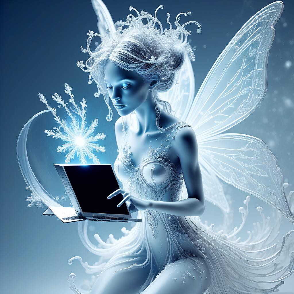  line art drawing highly detailed translucent snow fairy with wings of snow (holding a computer video card:1.3), blizzard appear from the pages of a fairy tale book, translucent snow blizzard magic snow fairy reaching out of a 3d sculptured book; the souls escaping from book, motion blur action side profile shot of spirit tepping out of book, astrodimensional iridescent spirit of the light, disintegrating into starlight and holographic particulate trails of wispy snow by alberto seveso by giger liquid snow effects in wind :: wind blowing left 3d shading; pulsing with an inner light; clear and sparkling, smooth, flowing, shimmer; 16k resolution, hyperdetailed, intricate beautiful details . professional, sleek, modern, minimalist, graphic, lin