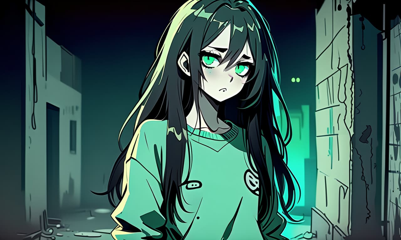  grunge style a girl in anime style with long black hair stands in the dark dressed in a sweater of warm pastel green color and pants. the girl looks into the darkness with black lower eyelids under the eyes full of fear of the unknown and curiosity, and the bright turquoise eyes themselves stand out against the background of everything. the colors in the image are dark and warm. . textured, distressed, vintage, edgy, punk rock vibe, dirty, noisy