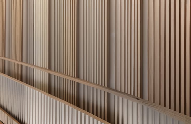  vertical panel design featuring narrow, evenly spaced vertical slats in a light wooden texture. each slat is rectangular and has a consistent height and width, creating a rhythmic pattern across the surface. the slats are positioned closely together, casting subtle shadows in the gaps between them. the background behind the slats is darker, providing contrast and highlighting the light color and fine wood grain texture of the slats. the overall lighting is soft, accentuating the smoothness and natural texture of the wood without harsh reflections. floor, and ceiling will remain untouched hyperrealistic, full body, detailed clothing, highly detailed, cinematic lighting, stunningly beautiful, intricate, sharp focus, f/1. 8, 85mm, (centered im