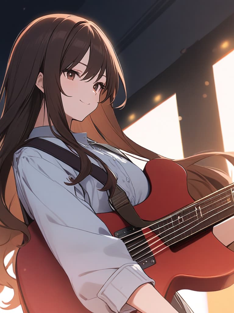  (beautiful girl:1.5)(brown hair:1.5)(long hair:1.7)(wavy hair:1.5)(with a electric guitar:1.7){in orange dress:1.5}(smile){playing guitar happily:1.7} master piece,high quality,16k,super analysis,correct finger position,correctnumber of