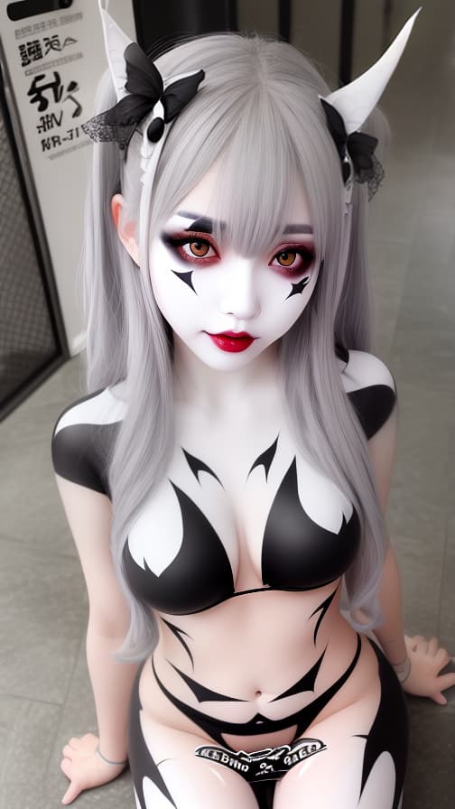  White bat pattern body paint in every corner of the body, gray body paint all over the body, gray face paint on the face, succubus, full body image 女性