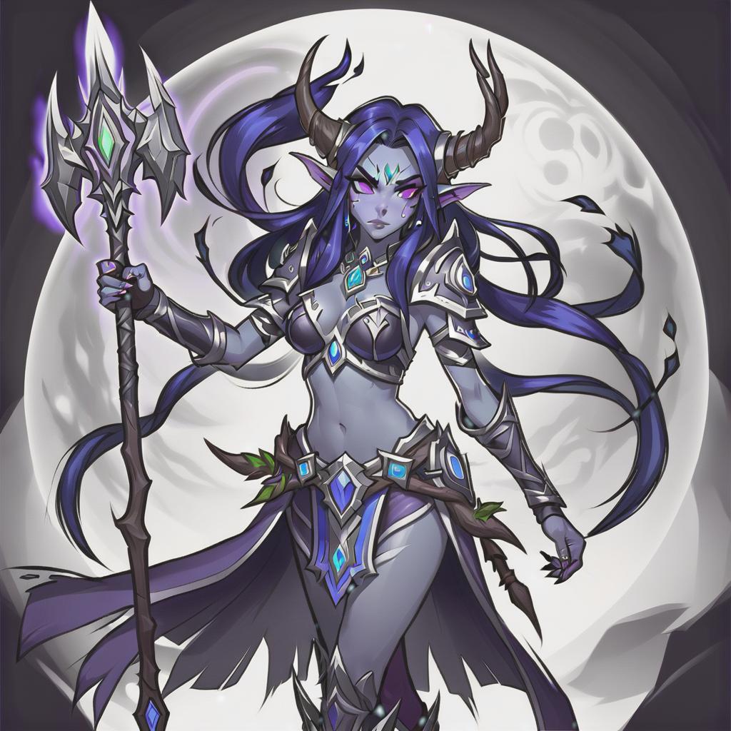  line art drawing world of warcraft druid night elf girl, battle stance, same nightmare. anime style . professional, sleek, modern, minimalist, graphic, line art, vector graphics