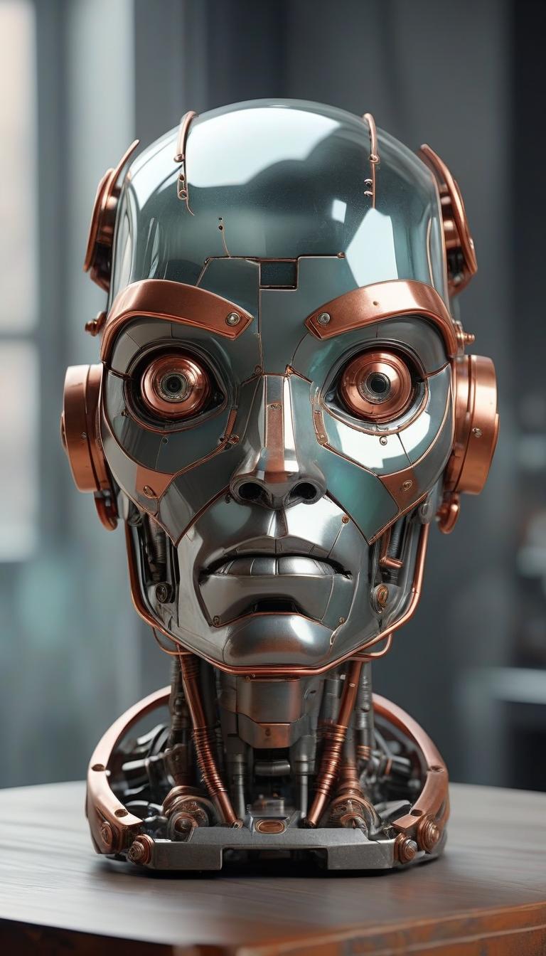  a photo of a futuristic robot head made of glass, copper and steel, placed on a table, rough, grainy, gray shade, non basic color accents, extremely futuristic, there are scuffs and scratches on the metal, dystopia