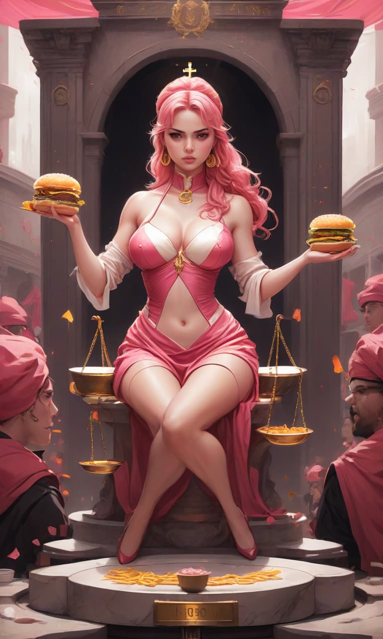  concept art tarot color pink, white, black, gold courtroom, terrible court on the pedestal stands a statue of a girl made of white marble, she has blindfolded. in her hands she has a scale, on one bowl of scales fries and juicy burger from mcdonald's, on the other bowl of scales fries and burger . digital artwork, illustrative, painterly, matte painting, highly detailed, perfect hands