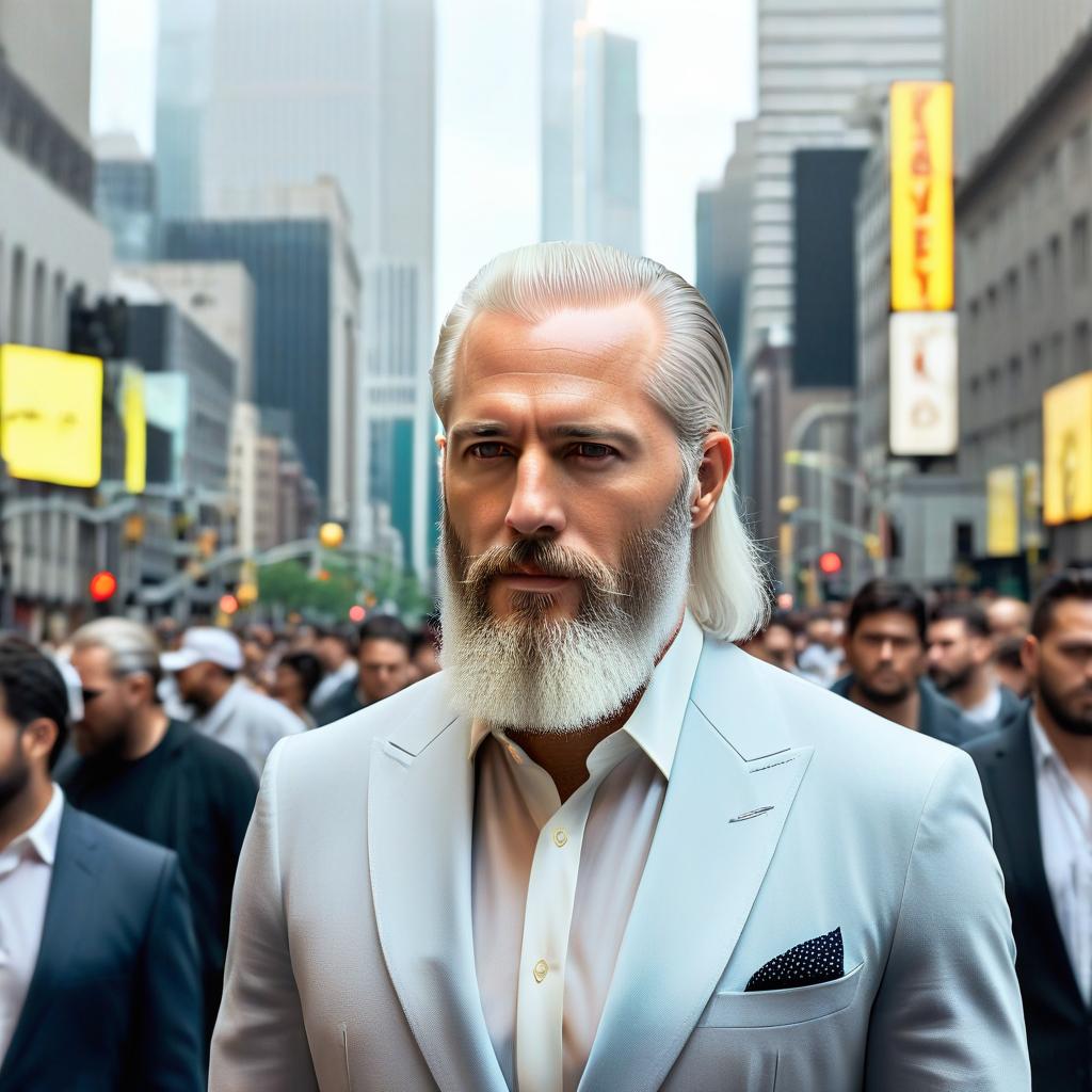  a in a transparent beard, a sharp body, a of 3 sizes, white hair, an american, a nice face, white eyes, a professional photograph, 4k, in a crowd, a megapolis street, perfecteyes, film photography style hyperrealistic, full body, detailed clothing, highly detailed, cinematic lighting, stunningly beautiful, intricate, sharp focus, f/1. 8, 85mm, (centered image composition), (professionally color graded), ((bright soft diffused light)), volumetric fog, trending on instagram, trending on tumblr, HDR 4K, 8K