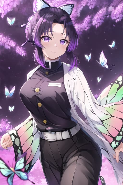  masterpiece, best quality, kochou shinobu, multicolored hair, no bangs, hair intakes, purple eyes, forehead, black shirt, black pants, haori, butterfly, buttons, belt,cat women, nekopara, neko, fantastically detailed reflecting eyes, masterpiece, best quality, high quality, solo