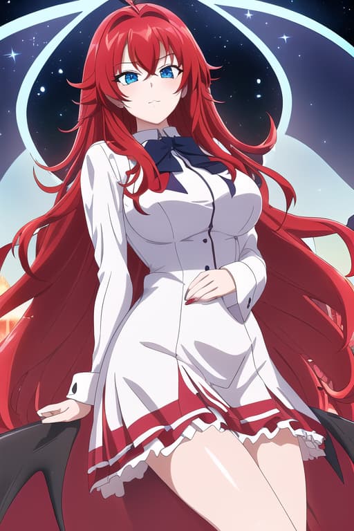  masterpiece, best quality, 1women, long red hair, looking at viewer, :3, cute, black school uniform, outdoors, streets, cowboy shot, curvy, (((blue eyes))), rias gremory, red hair, antenna hair, wavy hair, ((beautiful detailed eyes, beautiful detailed glow, lots of glow)), anime screencap,angel, white dress, multiple wings, large wings, fairy, masterpiece, best quality, high quality, solo