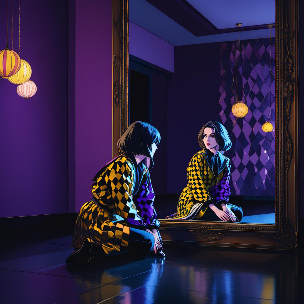  at night a young woman with a harlequin outfit color purple and yellow with black in a dark mirror room sitting on the corner floor touching her reflection on the mirror wall her reflection is a evil dark version of her is reflected on the mirror, cinematic film style, shallow depth of field, vignette, highly detailed, high budget, bokeh, cinemascope, moody, epic, gorgeous, film grain, grainy