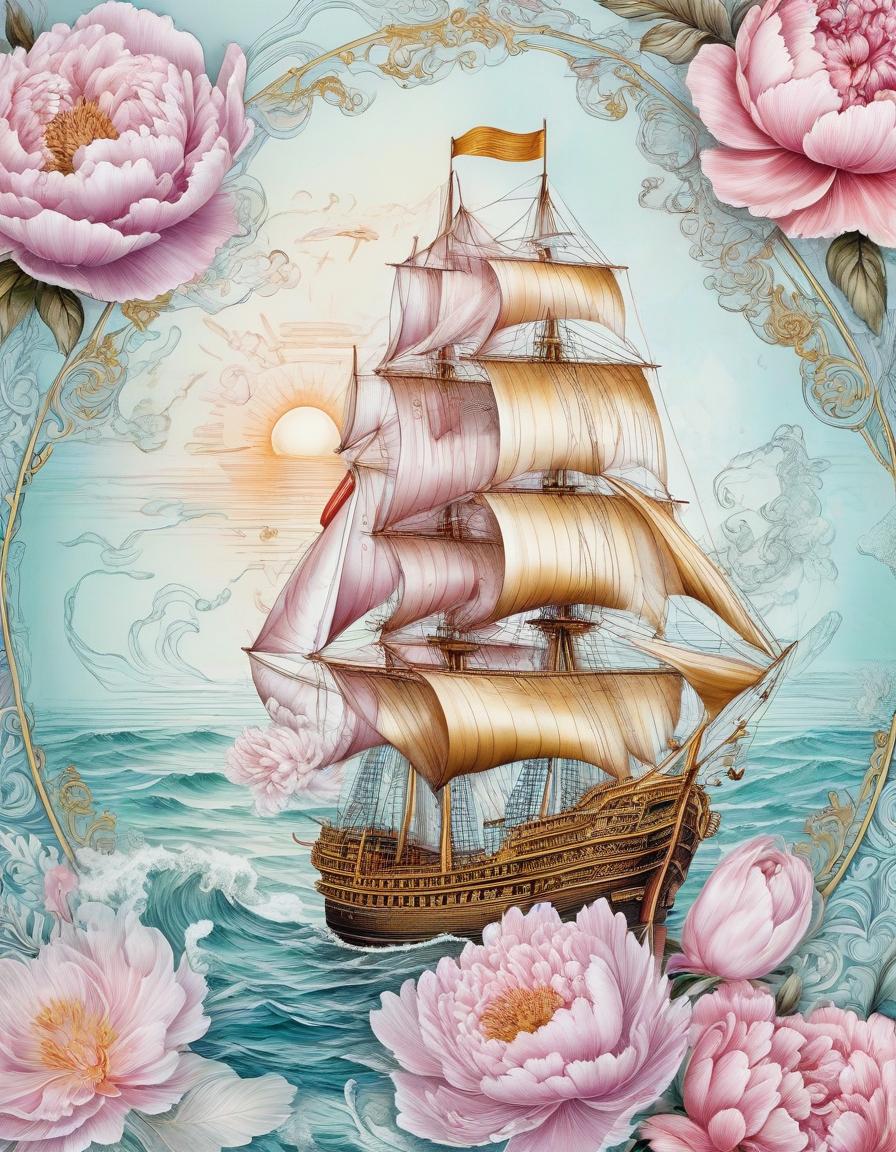  nautical themed a delicate sketch on a mother of pearl sheet in the artistic style of gongbi and xie yi, double exposure, layering, a frigate under sail near the horizon in an exquisite dusty pink extravaganza, a frame of lush big peonies and roses near the ruins of old fortress, the sea at sunset, aquamarine, turquoise and a gradient from peach to light purple, gold craquelure, digital academic processing, high quality, filigree drawing of small details . sea, ocean, ships, maritime, beach, marine life, highly detailed