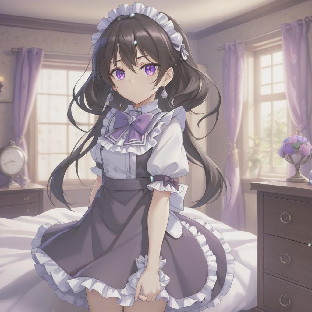  anime artwork , 20 year, dark hair, hair folded into a bundle, purple eyes, open maid's outfit, cutout on the , small silver earrings, bedroom . anime style, key visual, vint, studio anime, highly detailed