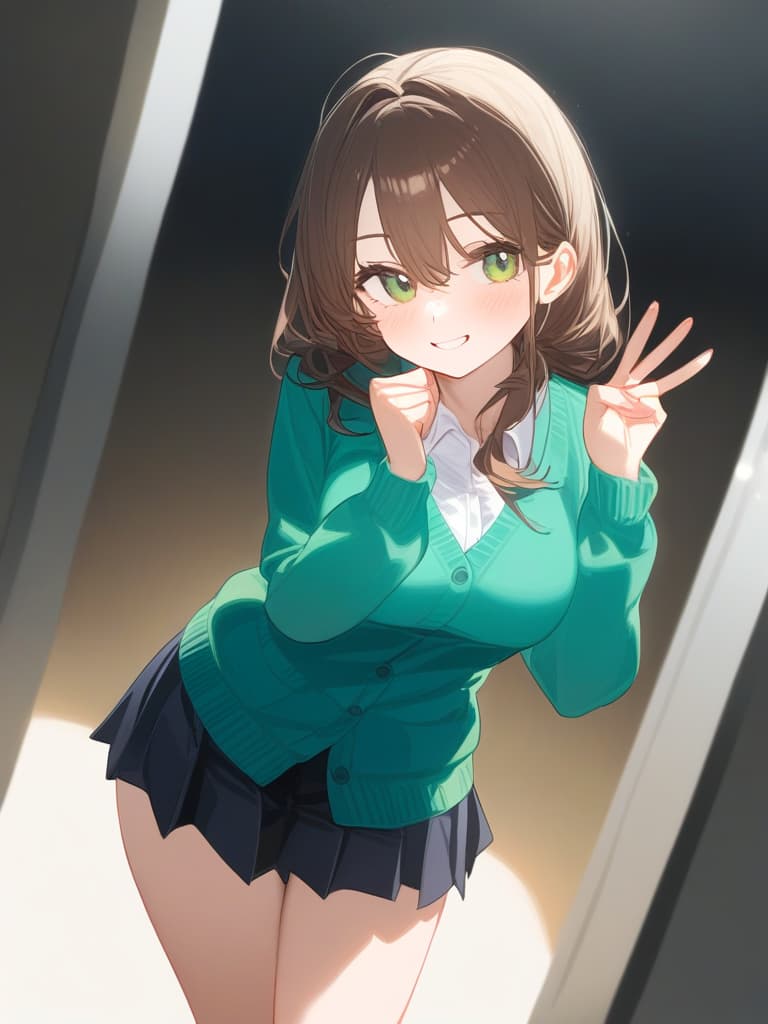  cute face focus,cute,brown hair,green eyes,y posing,cardigan,pleats skirt ,long hair