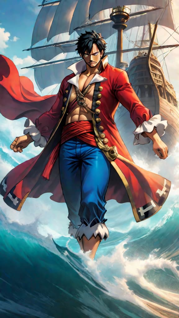  anime art of the pirate emperors in one piece showcasing their legendary powers ruling the seas. hyperrealistic, full body, detailed clothing, highly detailed, cinematic lighting, stunningly beautiful, intricate, sharp focus, f/1. 8, 85mm, (centered image composition), (professionally color graded), ((bright soft diffused light)), volumetric fog, trending on instagram, trending on tumblr, HDR 4K, 8K