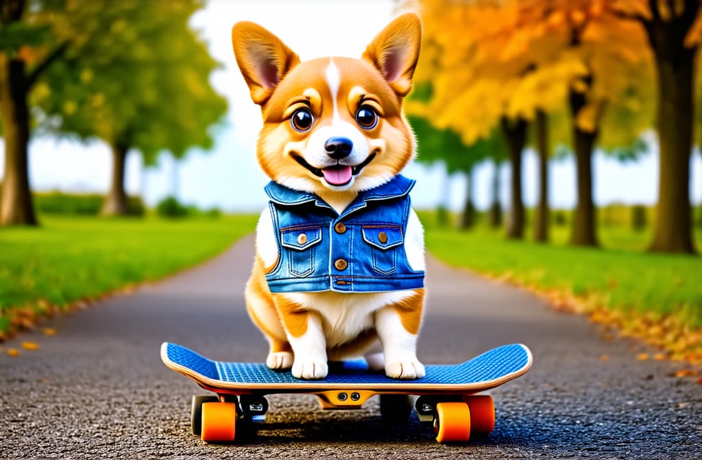  big head, big eyes, caricature, a caricature, rendering, (figurativism:0.8), a corgi puppy stands with four paws on a platform skateboard on an asphalt path in an autumn park in a denim sleeveless jacket , epic realistic, pixar style, disney, (cycles render:1.3), caustics, (glossy:0.58), (artstation:0.2), cute