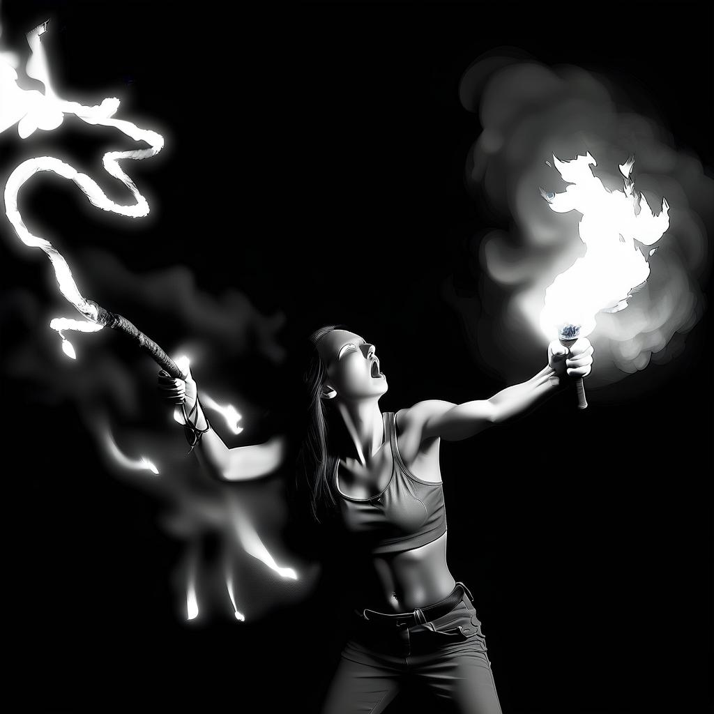  monochrome the girl is doing a fire show. fire breather . there is a torch in his hand. lightning strikes all around . black and white, contrast, tone, texture, detailed