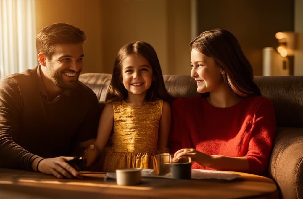  cinematic film style, happy family with dream house in america in the background, right hands ar 3:2, shallow depth of field, vignette, maximum details, high budget hollywood movie, bokeh, cinemascope, moody, epic, gorgeous, sun rays and shadows on furniture and surfaces, flattering light, raw photo, photography, photorealistic, 8k resolution, f1.4, sharpened focus, sharp focus