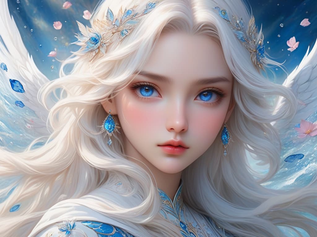  ethereal fantasy concept art of masterpiece,best quality,official art,extremely detailed cg 8k wallpaper,(flying petals) (detailed ice),crystals texture skin,1girl,cold expression,white hair,long hair,messy hair,blue eye,looking at viewer,extremely delicate and beautiful,water,((beauty detailed eye)),highly detailed,cinematic lighting,((beautiful face), fine water surface, (original figure painting), ultra detailed, incredibly detailed, (an extremely delicate and beautiful), beautiful detailed eyes, (best quality). magnificent, celestial, ethereal, painterly, epic, majestic, magical, fantasy art, cover art, dreamy